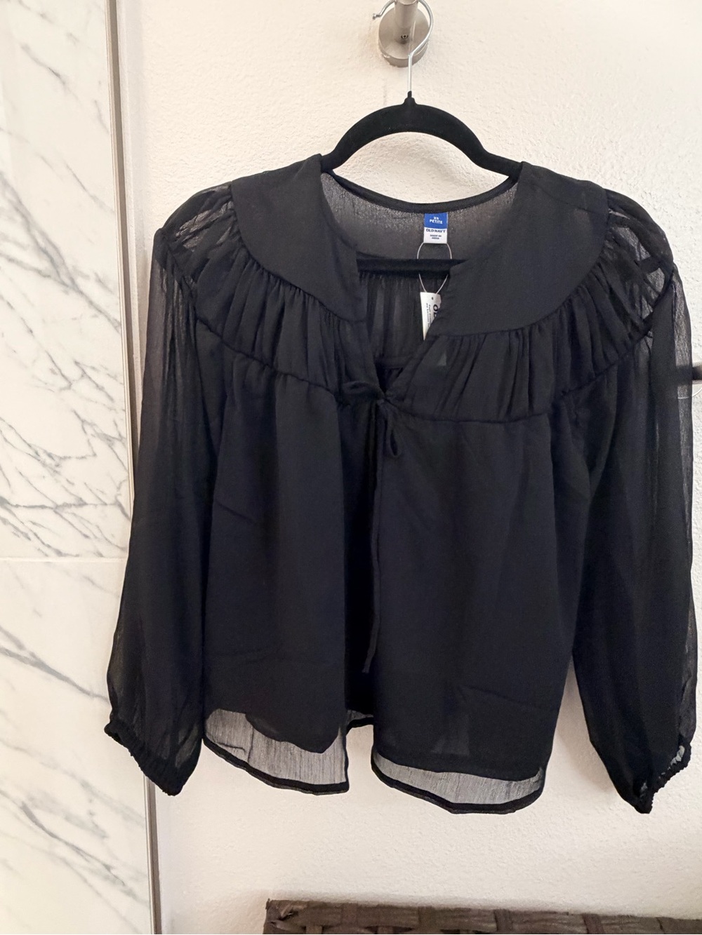 Old Navy Black Sheer Peasant Blouse with Tie Neck